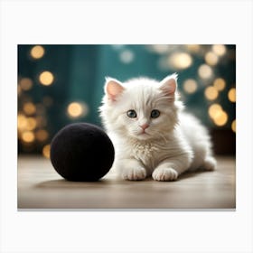 White Kitten With Black Ball Canvas Print