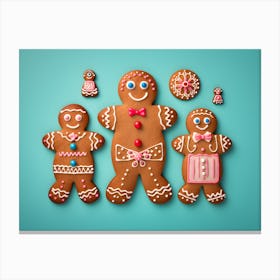 Gingerbread Family On Blue Background Canvas Print