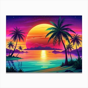 Vibrant Sunset Landscape With Palm Trees On The Beach Canvas Print