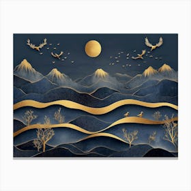 3d Modern Art With Dark Blue And Golden Wave Background Mountains, Golden Deer And Birds 2 Canvas Print