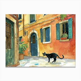 Black Cat In Vicenza, Italy, Street Art Watercolour Painting 3 Canvas Print
