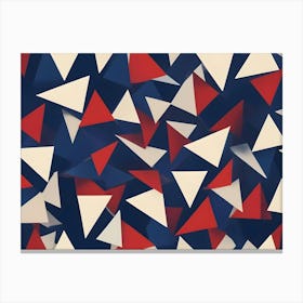 Abstract, Geometric Pattern Of Scattered Red, White, And Blue Triangles On A Dark Background Canvas Print