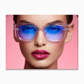 Close Up Portrait Of A Model With Striking Blue Eyes Accented By Pink Glasses That Reflect A Glimme Canvas Print