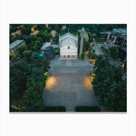 Aerial view Church of Santa Barbara in Milan, San Donato Milanse. Canvas Print