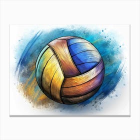 Watercolor Illustration Of A Volleyball With Blue And Yellow Stripes Canvas Print