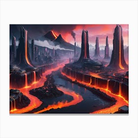 Cyberpunk city with lava and river Canvas Print