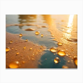 A Close Up Shot Of Water Droplets On A Golden Surface With A Sunbeam Shining Through Them Canvas Print