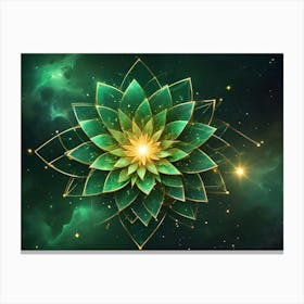 Abstract Image Of A Green Flower With A Golden Center, Surrounded By A Cosmic Background Of Stars And Nebulae Canvas Print