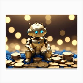 A 3d Render Of A Golden Robot Sitting On A Pile Of Gold Coins Canvas Print