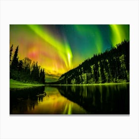 Scenic View Of Aurora Borealis Stretching Over A Lake At Night Canvas Print