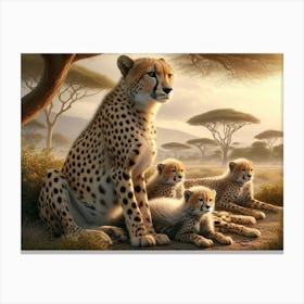 A family of cheetahs resting under the shade of an acacia tree 3 Canvas Print