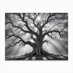 A Large, Gnarled Tree Stands In The Center Of A Misty Forest, Silhouetted Against A Bright, Sunlit Sky Canvas Print