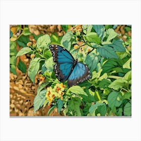 Blue Morpho Butterfly Among Flowers. A striking blue morpho butterfly elegantly rests on a cluster of yellow and orange flowers, surrounded by lush green leaves. The vivid blue of its wings contrasts beautifully with the warm, earthy tones of its environment. Canvas Print