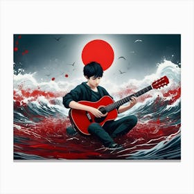 Boy Playing Guitar In The Ocean Canvas Print
