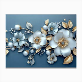 3d White and Blue Background with Golden Jewelry and Flowers 2 Canvas Print