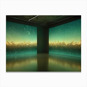 An Empty Room With Two Screens Displaying A Green Image Of A Mountain Range With Stars Canvas Print