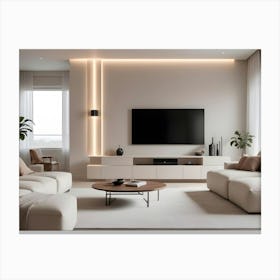 A Modern Living Room Interior With A White Sectional Sofa, Two Plants, A Coffee Table, A Tv, And Accent Lighting Canvas Print