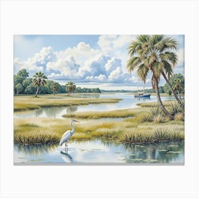 Egret watches a sailboat glide through the marsh at sunset in a serene landscape with palm trees and blue skies Canvas Print