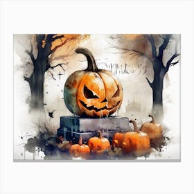 Sdxl 09 Halloween Pumpkin In Front Of Cemetery Double Exposure 1 Canvas Print