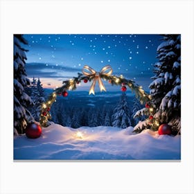 Festive Ornament Delicately Perched Atop A Glistening Christmas Ribbon Forming The Border Of A Festi (2) Canvas Print