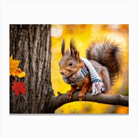 Closeup Of A Squirrel Wearing A Knitted Hat And Scarf Perched On A Branch Within A Tree In An Autum Canvas Print