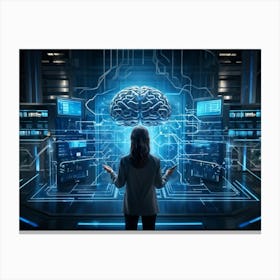 Abstract Cyber Concept Art Featuring A Human Brain At The Center Of Innovation Connected With Futur (5) Canvas Print