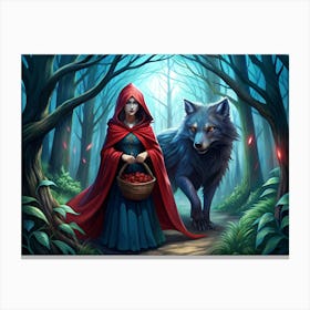 Little Red Riding Hood And Wolf In Forest Canvas Print