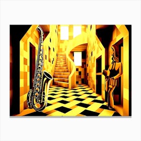 Acid Jazz Yellow Checkered Hallway - With Saxophone Canvas Print