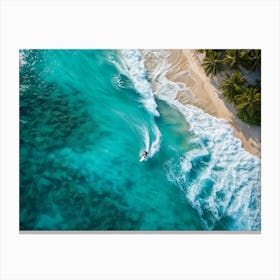 Aerial View Capturing A Single Surfer Carving Through The Azure Waves Silhouetted Against The Cryst (6) Canvas Print