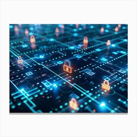 Digital Grid With Glowing Lock Icons Representing Cybersecurity Canvas Print