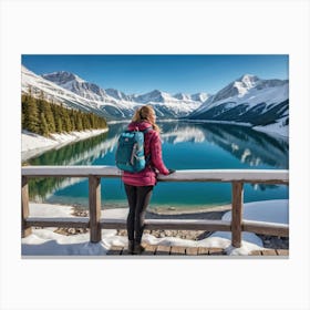 Woman trekking at snowy winter Alps, Rocky Mountains Canvas Print