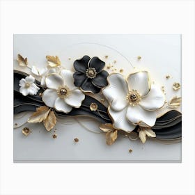 3d Artwork Illustration White Background with Golden Jewelry and Flowers in Black Design Canvas Print