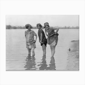 Three Girls In Wading in Water Vintage Black and White Photo Canvas Print