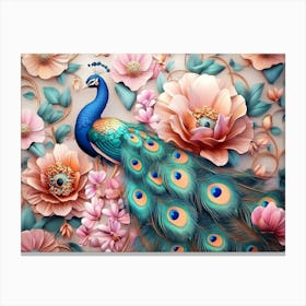 Peacock And Flowers 2 Canvas Print