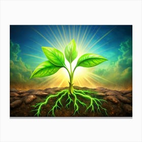 Young Plant With Glowing Roots Breaking Through The Ground Canvas Print