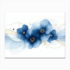 Elegant Abstract Blue Flowers With Golden Line 3 Canvas Print