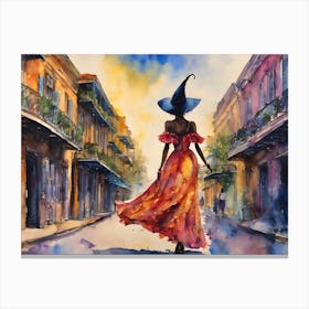Jazz Witch in New Orleans ~ Witchy Hoodoo Witches Pagan Spellcasting French Quarter Fairytale Watercolour Watercolor Canvas Print