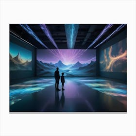 A Father And Child Stand In A Large, Immersive Room Filled With Digital Displays Canvas Print