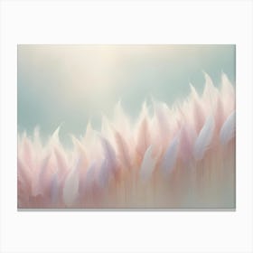 Pink And White Feathers Arranged In A Curved Line Against A Soft Blue And Green Background Canvas Print