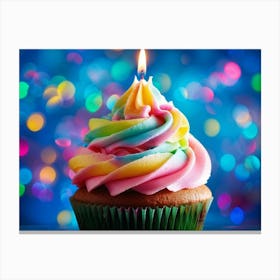 Cupcake With Vibrant Swirls Of Pink Blue And Green Frosting Single Lit Candle Atop Celebrating A (2) Canvas Print