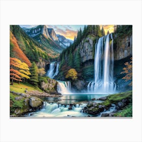 Mountain Waterfall In Autumn - Ai Canvas Print