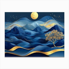 Blue Sky With Gold Tree. 3d art with night landscape with mountains, golden tree and gold waves Canvas Print