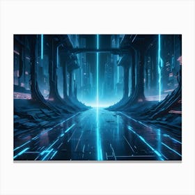 A Futuristic Cityscape With Glowing Blue Lines And A Reflective Floor Canvas Print