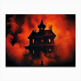 A Haunted House With Fiery And Skittish Autumn Colors Forms The Centerpiece Of A Mysterious Hallowee Canvas Print