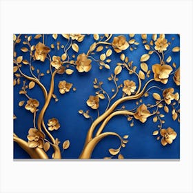 Elegant Gold And Royal Blue Floral Tree With Seamless Leaves And Flowers Hanging Canvas Print