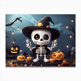 Halloween Skeleton With Pumpkins Canvas Print