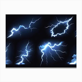 Six Different Lightning Bolts With Clouds On A Black Background Canvas Print