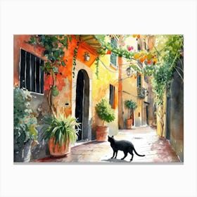 Black Cat In Palermo, Italy, Street Art Watercolour Painting 1 Canvas Print