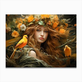 Muse With Floral Crown In A Whimsical World Canvas Print