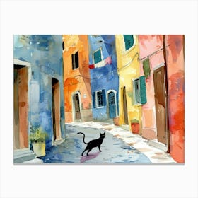 Black Cat In Vicenza, Italy, Street Art Watercolour Painting 4 Canvas Print